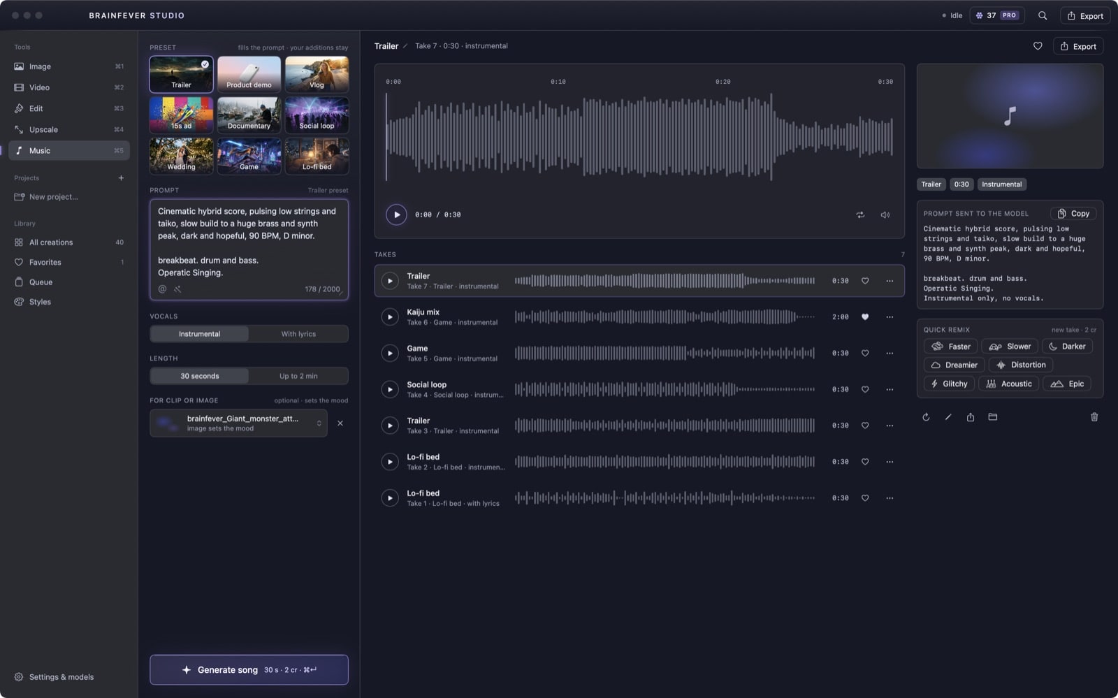 The Music tool with a waveform and takes
