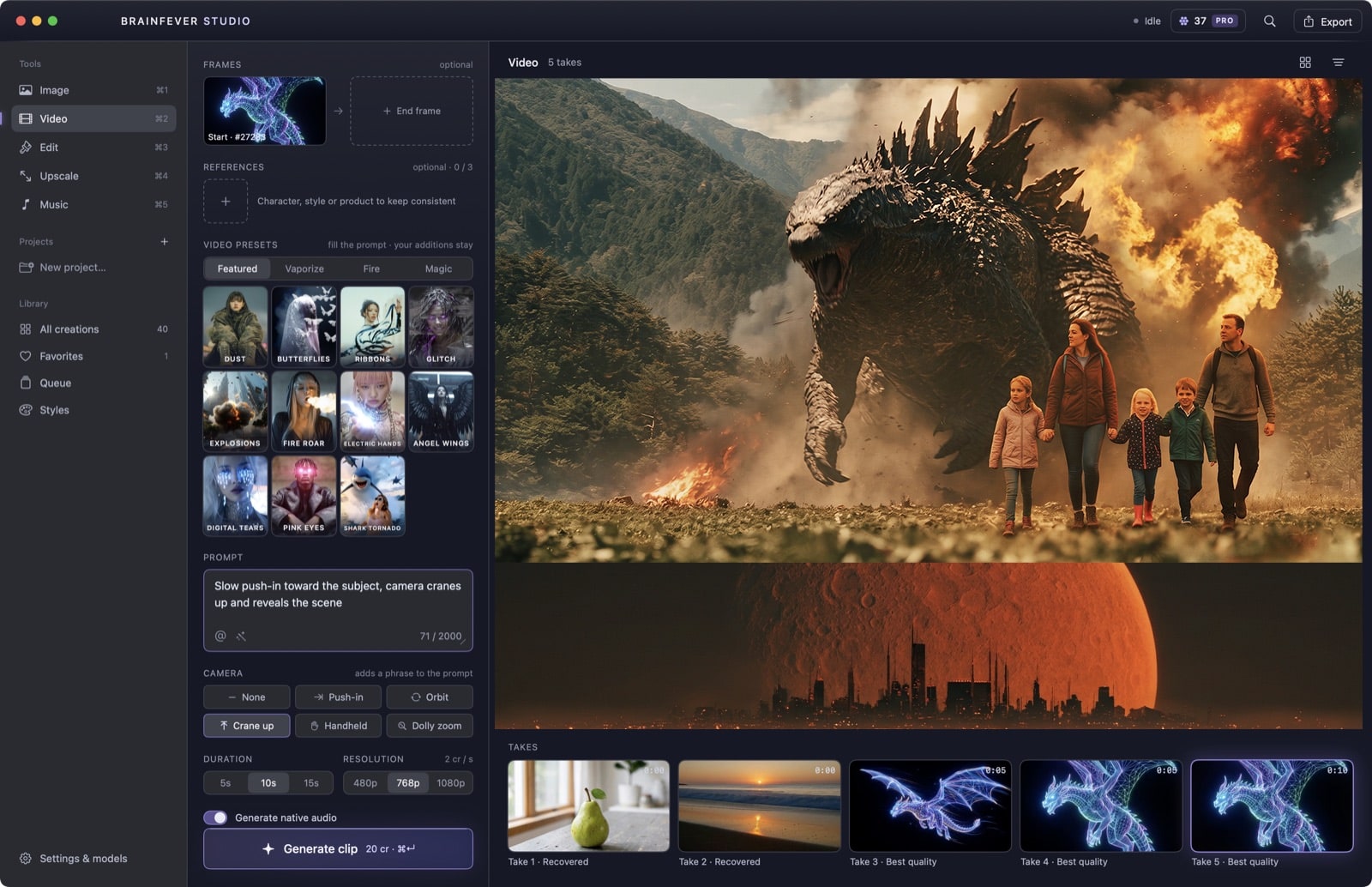 The Video tool with effect presets and a start frame